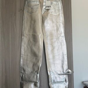 Zara Shimmering Silver leather Trousers